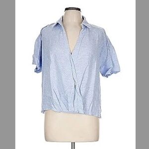 Cable & Gauge Blue Linen Blend Faux Wrap Top XL